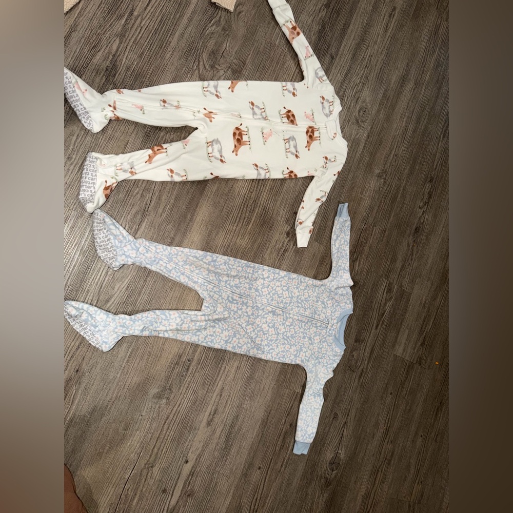 Carter's Cream Cow Print & Light Blue Floral Footed One-Pieces - 2 Pack